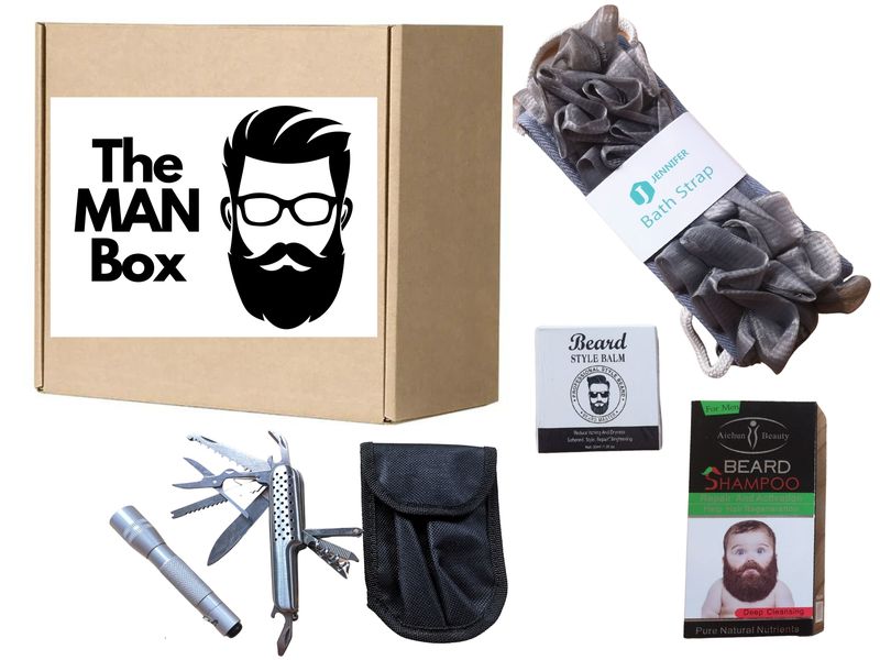 Mens Gift Box (Beard Care, Body Bath Strap, Pocket Knife and Torch)