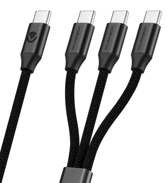 Volkano Weave 100W 1.2m USB-C - 3×USB-C PD Fast Charging Cable - Black