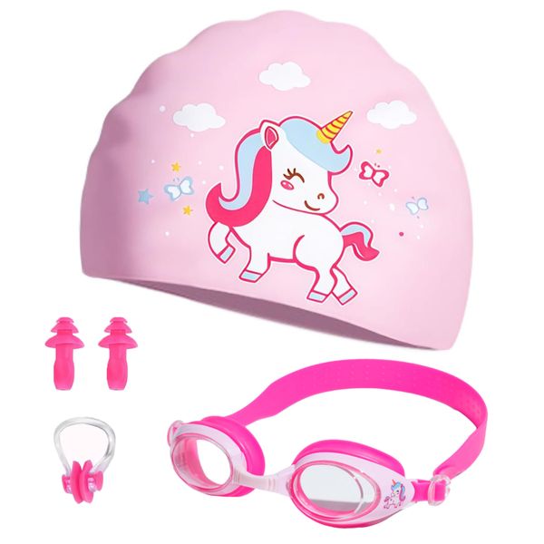 Kids Swimming Goggles Silicone Cap Set with Ear Plug &amp; Nose Clip