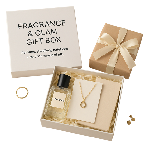 Fragrance &amp; Glam Gift Box - Perfume, Jewellery, Notebook + Surprise Gift