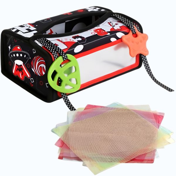 Interactive Space Tissue Box Toy with Teething Rings and Mesh Fabric