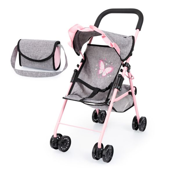 Bayer Buggy Dolls Toy Pram with Bag Pink/Grey Butterfly - 52cm Tall