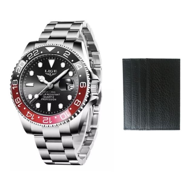 LIGE Quality Elegant Metal Sport Watch Red Black with Credit Card Holder