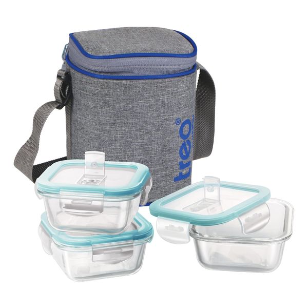 Treo by Milton Grey,Blue Glass Square 3 Lunch Box With Carry Bag Leak Proof