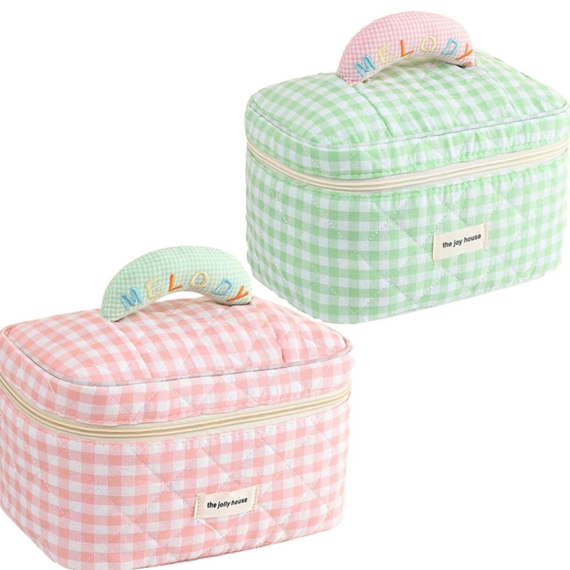 Makeup Bag,Quilted Cosmetic Bag,Travel Toiletry Bag - Pink and Green - 2 Piece