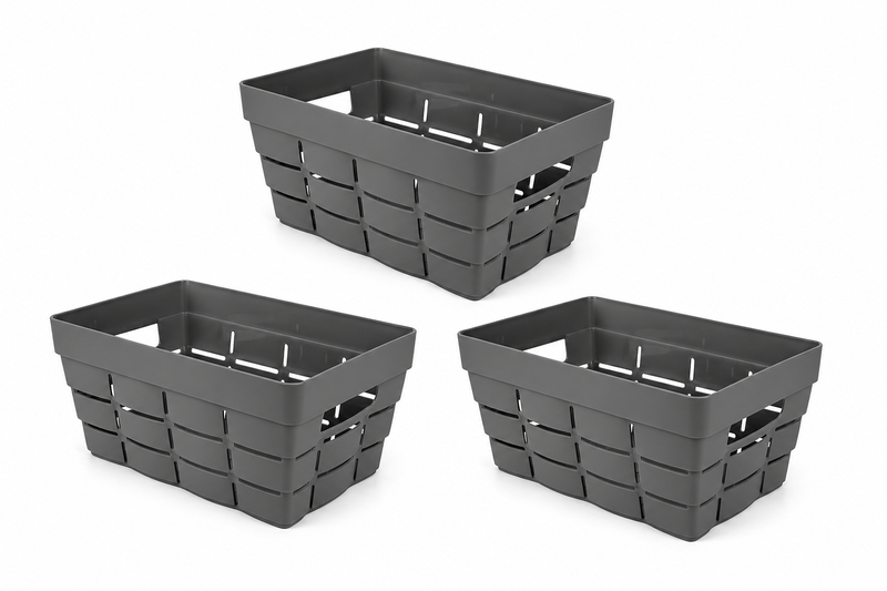 Pack of 3 Woven Pattern Storage Basket 26x17x13cm Plastic Organizer Bin