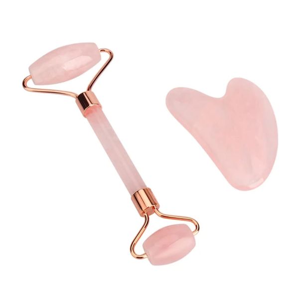 Rose Quartz Face Roller &amp; Gua Sha Set - Pink Crystal Facial Massager