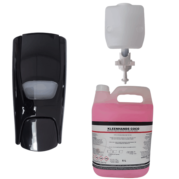 1L Sierra Black Top-Up Manual Soap Dispenser &amp; 5L Kleenhands Liquid Soap
