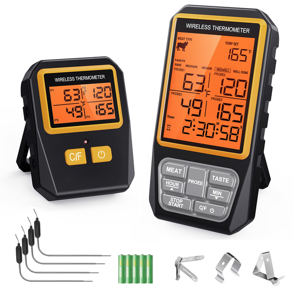 Smart Digital Meat Thermometer with 4 Probes 3 Clips with Alarm &amp; Timer