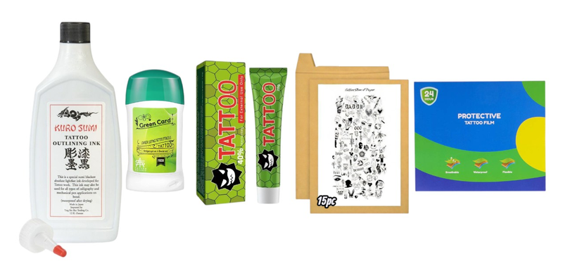 Pro Pain-Free Tattoo Bundle: Kuro Sumi Ink + Numbing + Stencil Kit