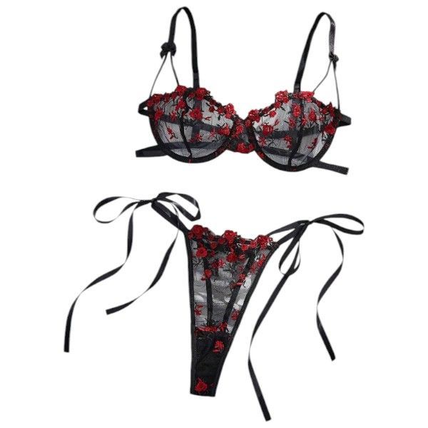 Floral See Through Bra With Side Tied Thong Lingerie Set - Black