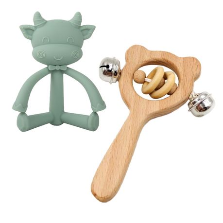Teeher Cow Silicone and wooden Rattle Mint