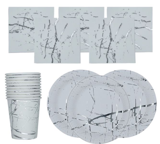 60-Piece Silver &amp; White Marble Print Disposable Entertainment Pack