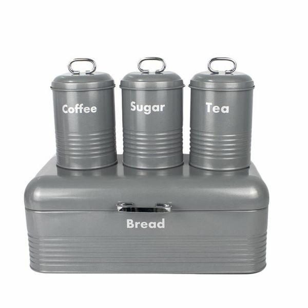 Retro Design Loaf Bread Bin with 3 Piece Matching Canister Set