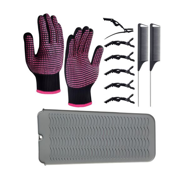 Kingdushi Silicone Heat Mat Set w/ Gloves &amp; Clips for Hair Irons