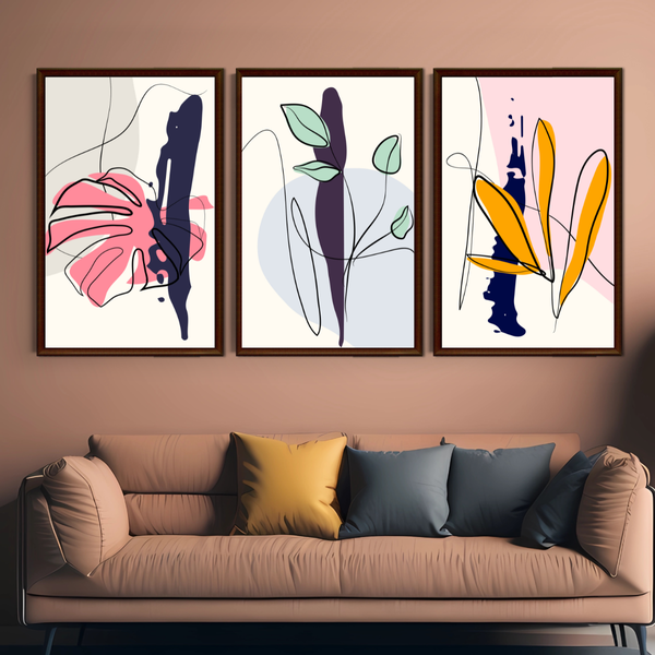 Set of 3 Unframed Wall Art Decor Prints - A3 (Leaves and Continuous-Line