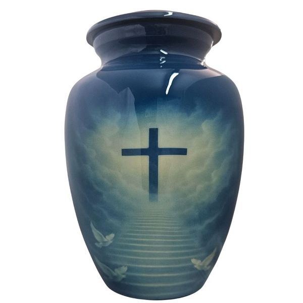 Blue Cross Design Aluminium Memorial Cremation Urn For Ashes
