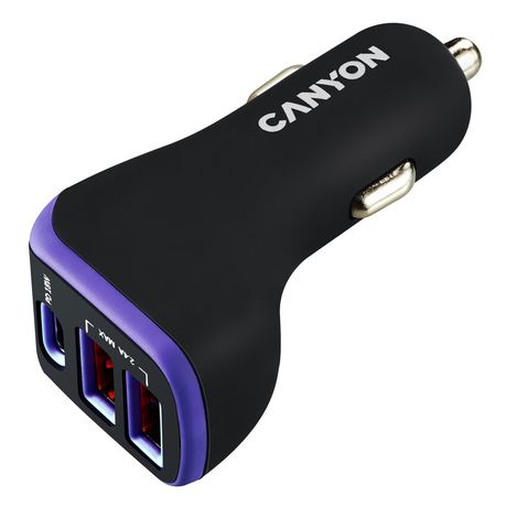 Canyon Universal Car Charger - 2 x USB, 1 x USB Type C 12V / 24V Smart IC Image