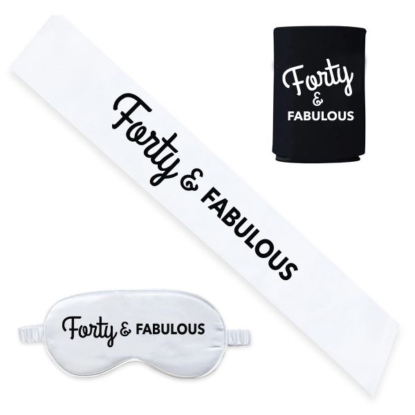 White Forty and Fabulous 40th Birthday Sash, Bottle Koozie and Satin Eyemask