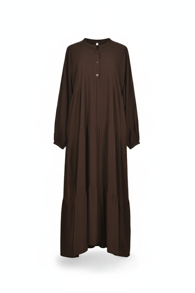 Embroidered Sleeve Button Down Modest Brown Viscose Cotton Dress