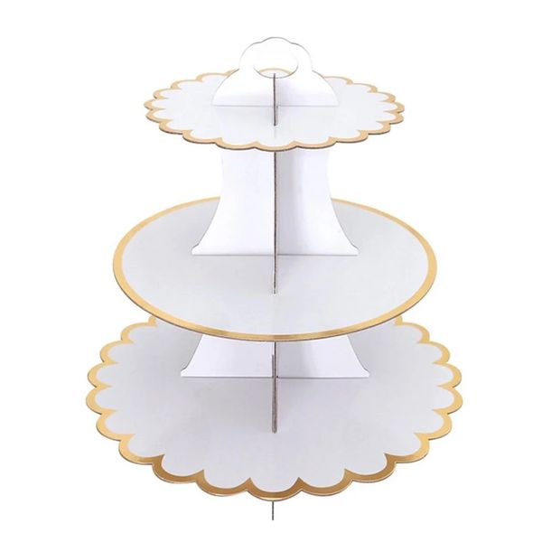 3 Tier Reusable Card Board Cupcake Stand - White &amp; Gold