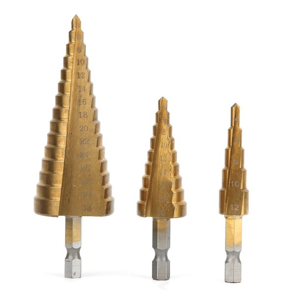 Step Drill Bit Set 3pcs HSS Cone Cutter Hex Shank 4-12/20mm