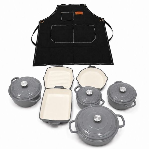 11 Piece Grey Enamel Cast Iron Cookware Set with Matching Apron