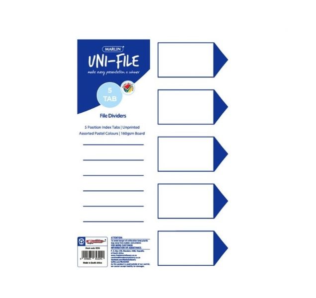 Marlin - File Dividers 160gsm Pastel Board: 5 Position (Pack Of 10)