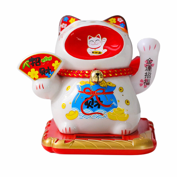 Lucky Money Ceramic Cat Solar Powered Waving Arm Fortune Cat - Hand Fan