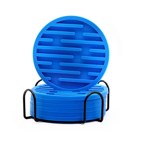 6 Piece Cup Coasters Silicone Drink Coaster with Metal Holder-Light Blue