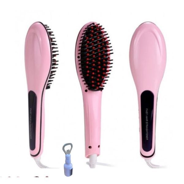 Electric Fast Hair Straightener Brush Comb With LCD Display - Pink &amp; Opener