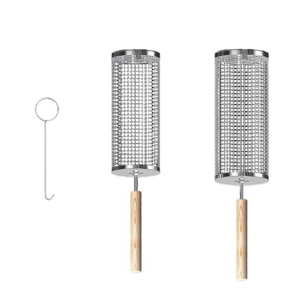 Stainless Steel Rolling Braai Grill Basket with Wood Handle