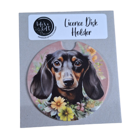 Dog & Flowers Licence Disk Holder - Brown Nose Dachshound Image