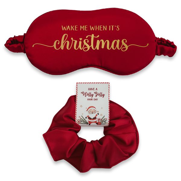 Red Satin wake me up for Christmas eye mask and Santa scrunchie gift set