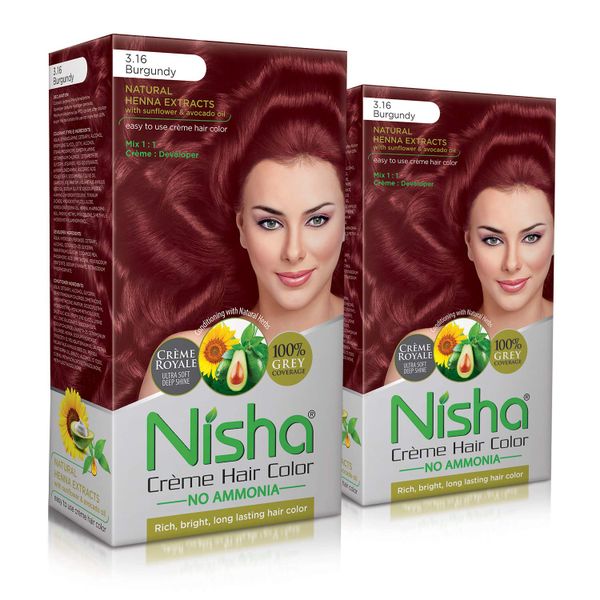 Pack of 2 Nisha Creme Hair Colour Pack with Brush &amp; Conditioner Burgundy
