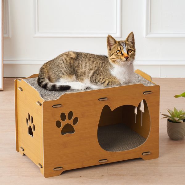 Cat Bed Scratcher Pet House Wooden Home Condo with Balcony