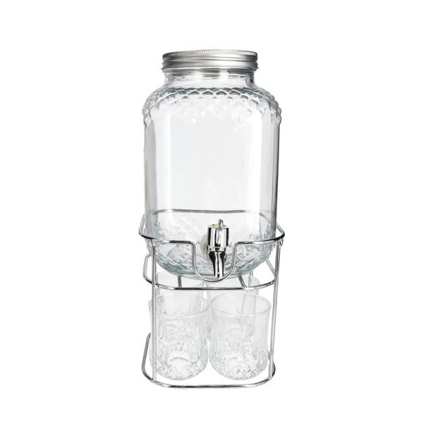 Clear Glass Drink Dispenser with Metal Holder and 4 Glasses