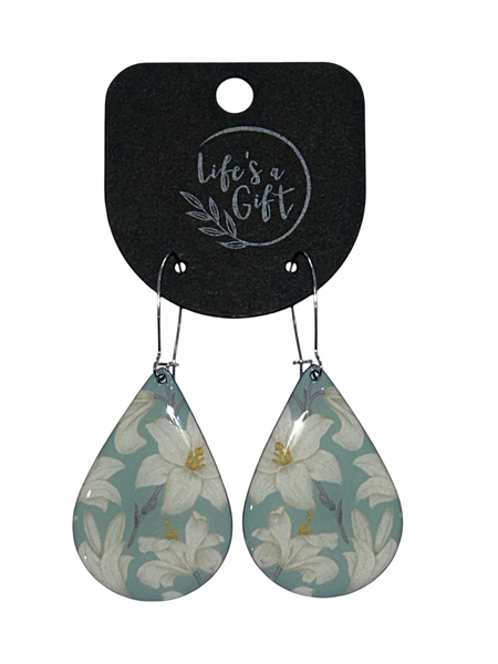 Teardrop Earrings - White Blooming Flowers on Blue