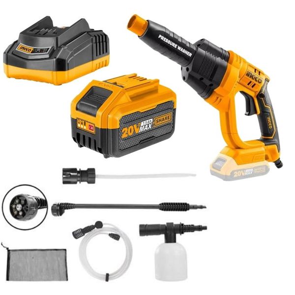 Ingco - Pressure Washer With Accessories and 7.5Ah Battery, Charger Combo