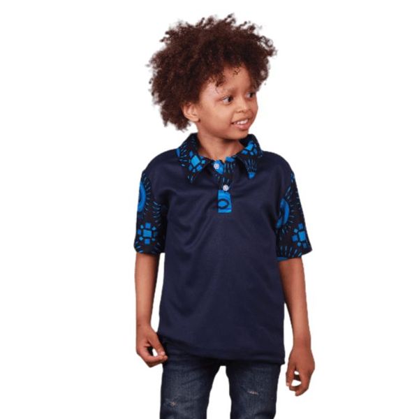 Kids Blue Shweshwe Heritage Golf Shirt by Tribe Afrique