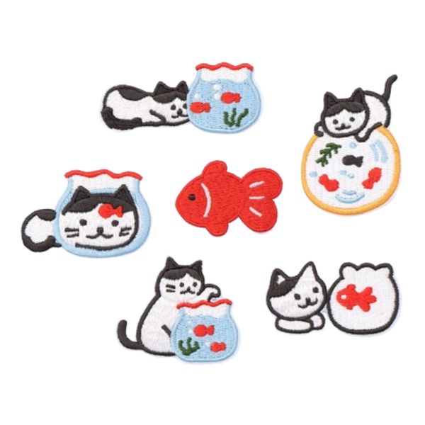 6 Pcs Cute Cat and Goldfish Embroidered Patches Bulk, Self-Adhesive Style