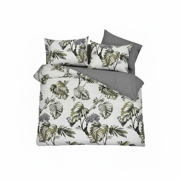 White Leafy Print Queen Linen Bedding Set - Cover, Sheet And Pillowcases