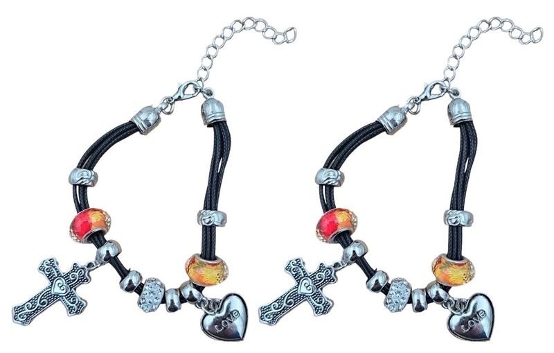 Charm Bracelets with silver Charms of Heart &amp; Cross Shape- 2 Pack