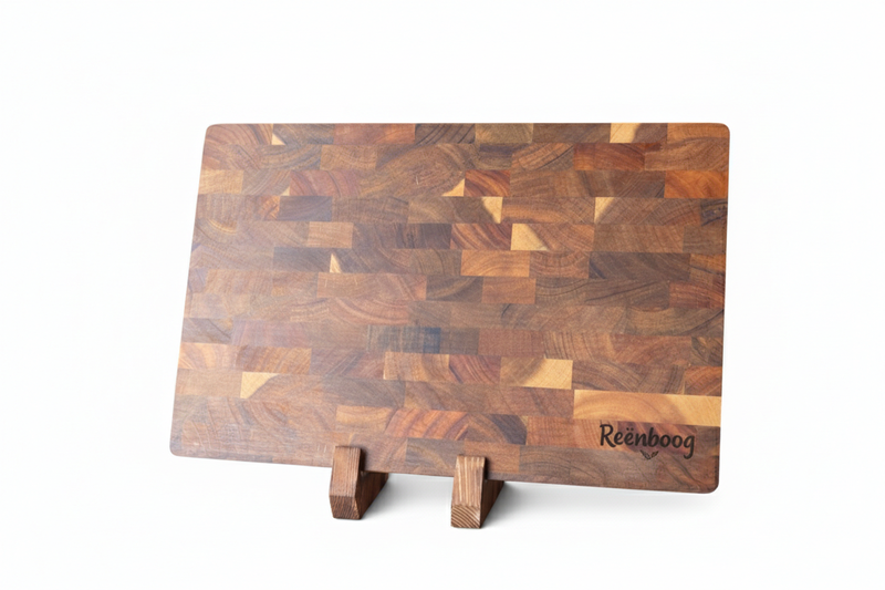 Reënboog End Grain Cutting Board Block &amp; Handcrafted Wooden Stand Set