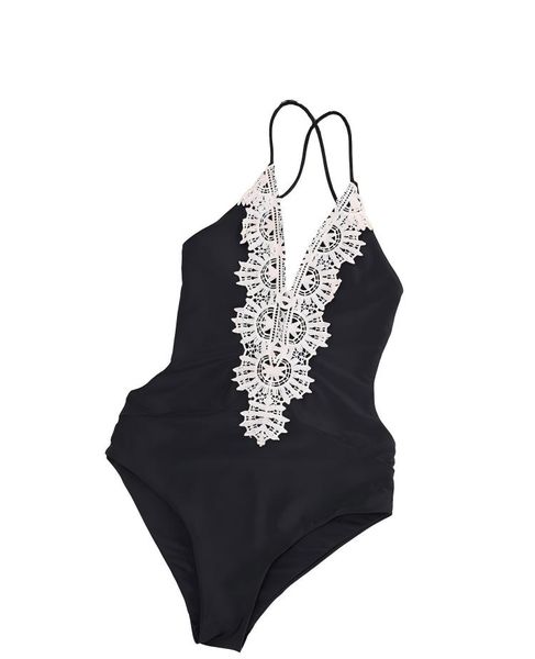 Black Embroidered One-Piece Swimsuit - Racer Back Hot Spring Bathing Suit