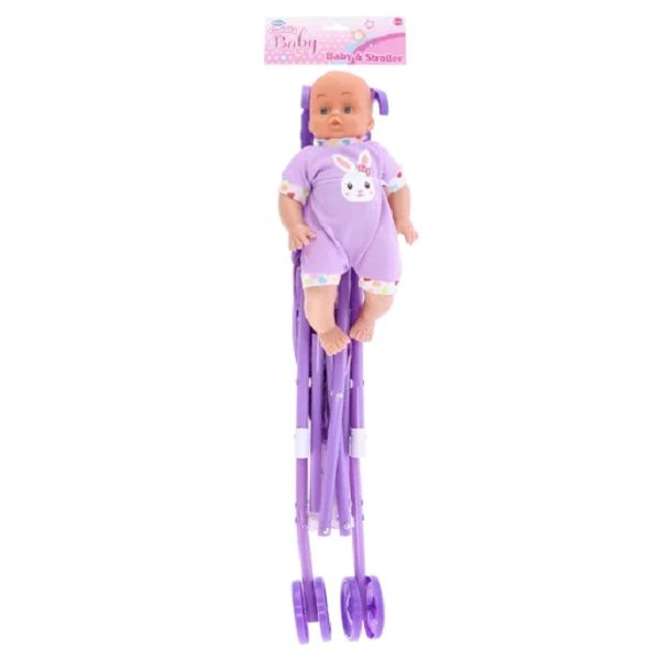 Baby Cuddle Baby Doll &amp; Stroller Toy Set Purple.