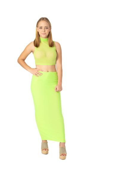 Women Lime Green Neck Mesh Crop Top and Pencil Skirt Set