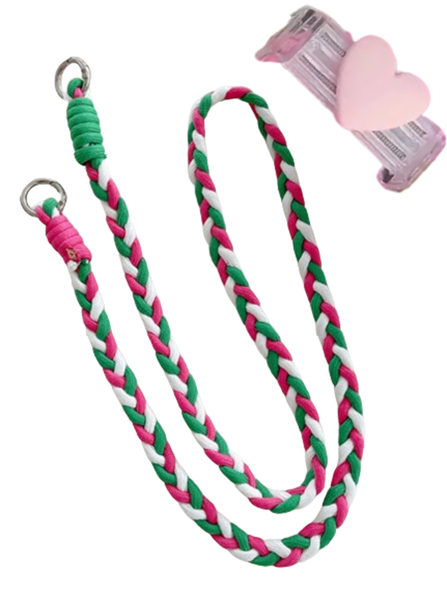 Pink Heart -Adorned Phone Clip Holder with Lanyard