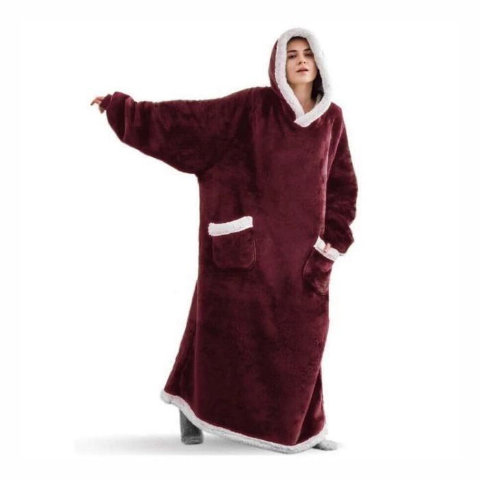 Winter Oversized Pullover Fleece Blanket with Sleeves - Wine Red