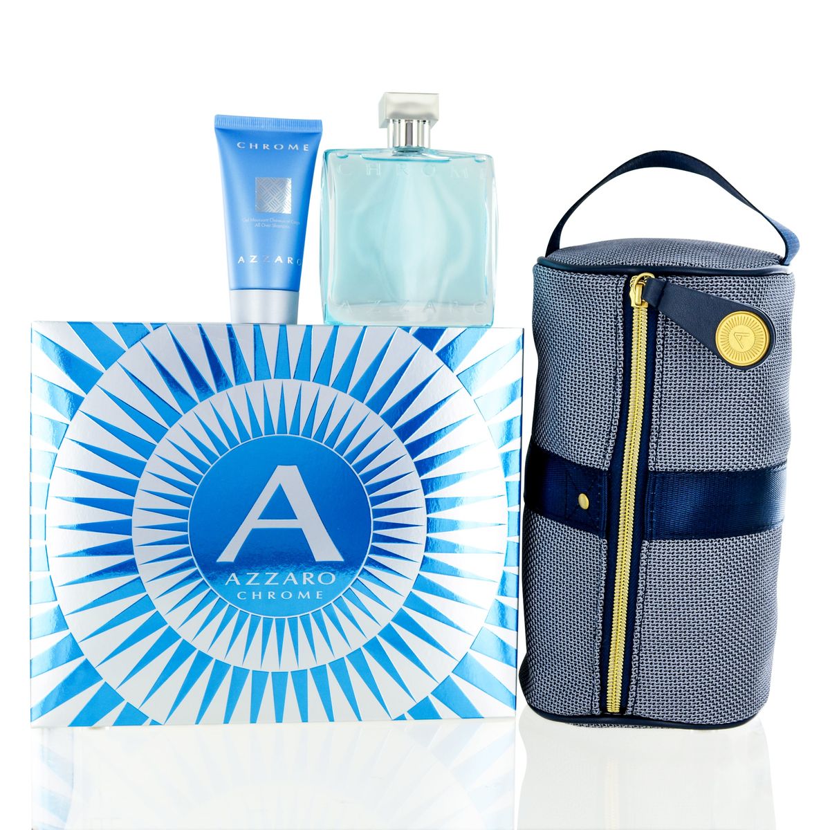 Azzaro Chrome Mens Set Edt 100ml, All Over Shampoo 50ml and Pouch